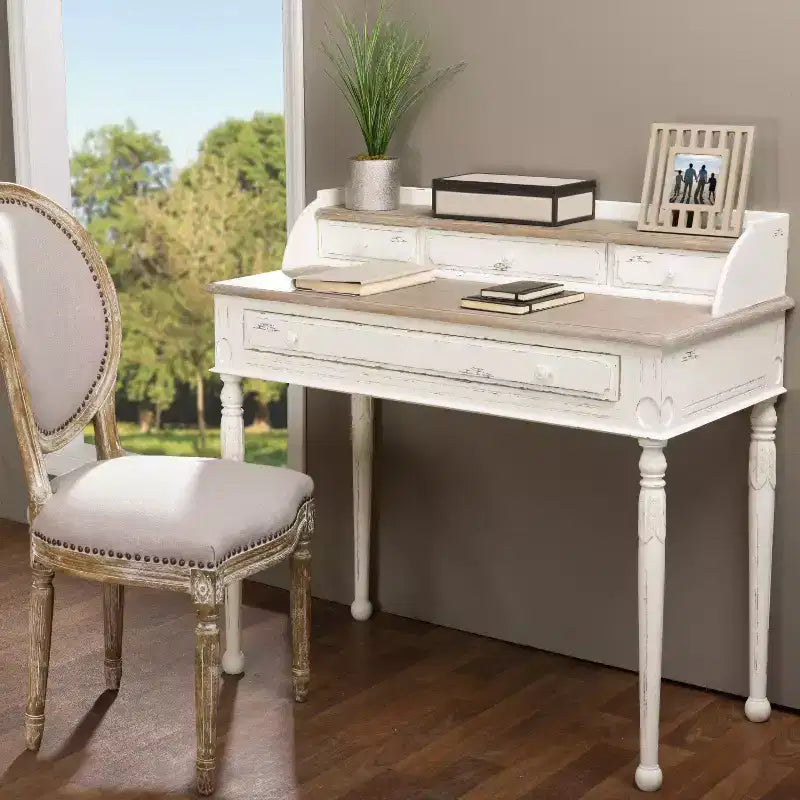 Escritorio Anjou tradicional francés con acento, blanco/marrón claro - Baxton Studio: 4 cajones, tapa de madera mindi, muebles para oficina en casa