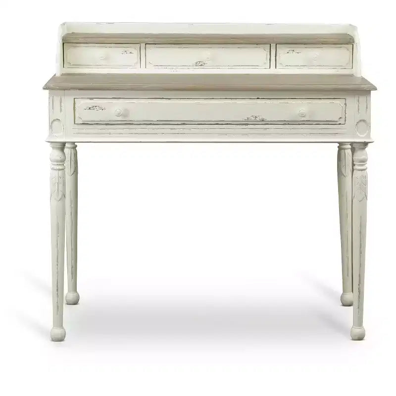 Escritorio Anjou tradicional francés con acento, blanco/marrón claro - Baxton Studio: 4 cajones, tapa de madera mindi, muebles para oficina en casa
