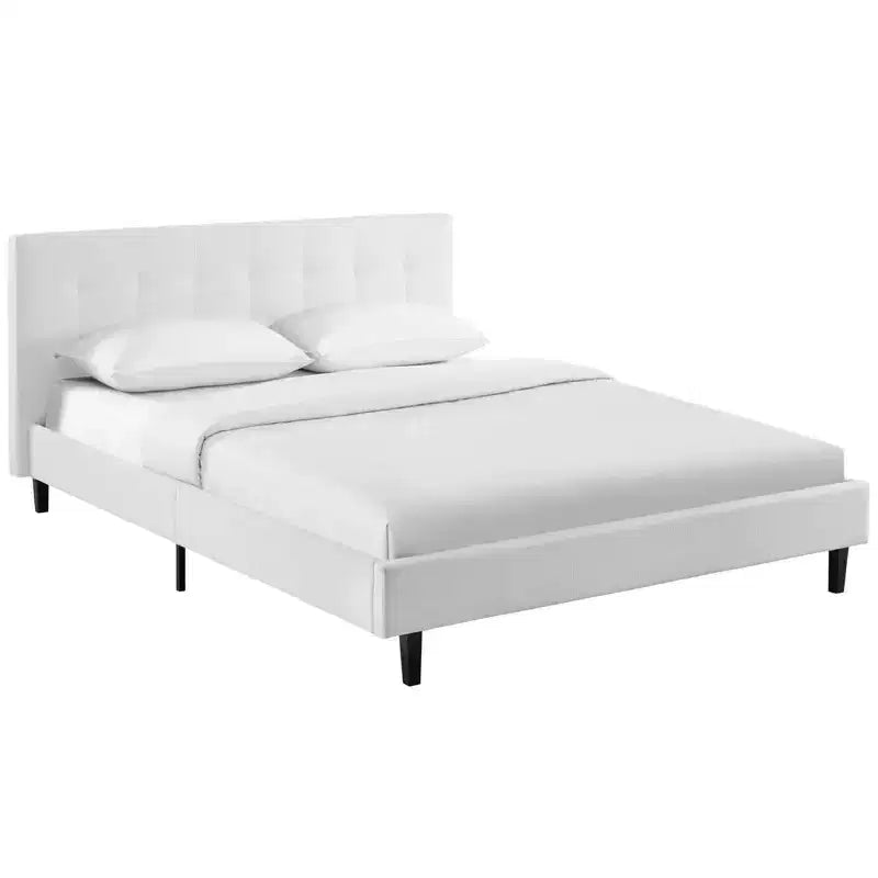Modway Full Linnea Cama Blanca: Tela de poliéster tapizada, Patas de madera maciza, Soporte de listones, No necesita somier