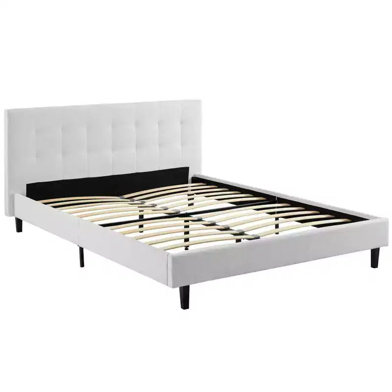 Modway Full Linnea Cama Blanca: Tela de poliéster tapizada, Patas de madera maciza, Soporte de listones, No necesita somier
