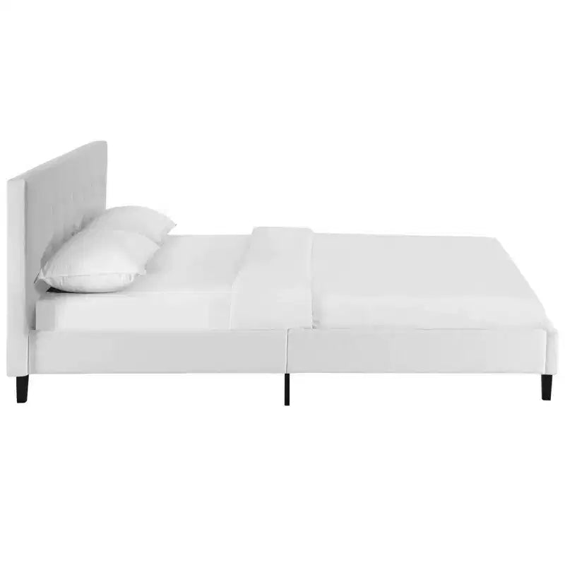 Modway Full Linnea Cama Blanca: Tela de poliéster tapizada, Patas de madera maciza, Soporte de listones, No necesita somier
