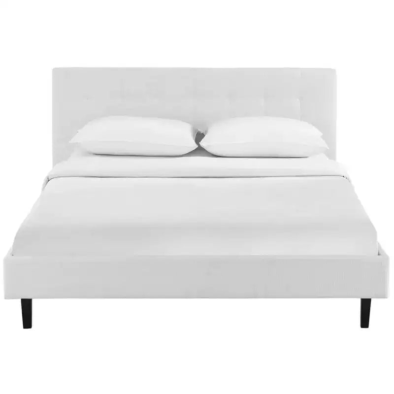 Modway Full Linnea Cama Blanca: Tela de poliéster tapizada, Patas de madera maciza, Soporte de listones, No necesita somier