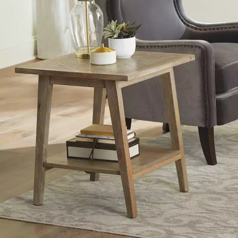 Mesa auxiliar cuadrada Milani color natural: madera de mango, estilo moderno de mediados de siglo, estante de almacenamiento - Steve Silver Co.