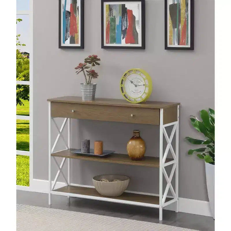 Mesa consola Breighton Home Tucson de 1 cajón con estantes, color madera flotante/blanco: estructura de metal, superficie de MDF, almacenamiento para recibidor