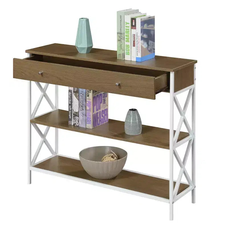 Mesa consola Breighton Home Tucson de 1 cajón con estantes, color madera flotante/blanco: estructura de metal, superficie de MDF, almacenamiento para recibidor