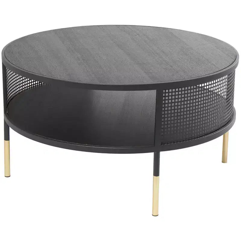 Olivia & May Metal Open Grid Frame 1 Shelf Coffee Table with Gold Legs Black: Modern Drum Style, No Assembly Required