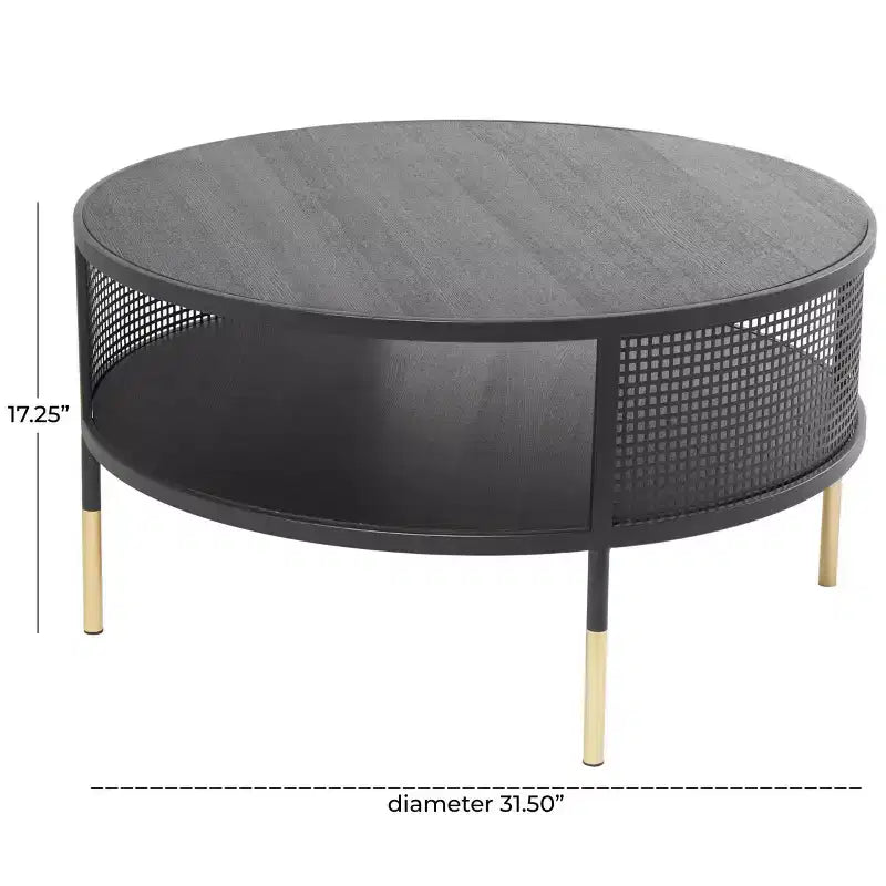Olivia & May Metal Open Grid Frame Mesa de centro de 1 estante con patas doradas Negro: Estilo tambor moderno, no requiere montaje