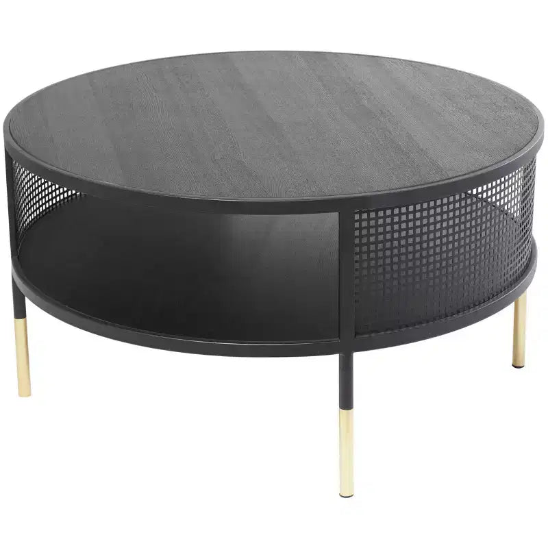 Olivia & May Metal Open Grid Frame Mesa de centro de 1 estante con patas doradas Negro: Estilo tambor moderno, no requiere montaje