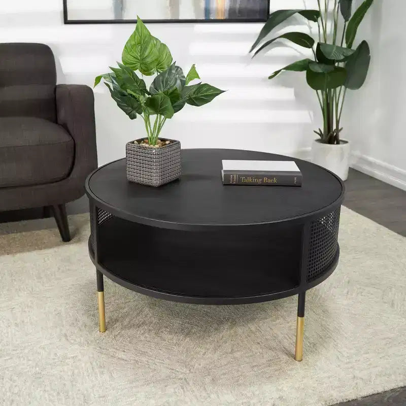 Olivia & May Metal Open Grid Frame Mesa de centro de 1 estante con patas doradas Negro: Estilo tambor moderno, no requiere montaje