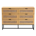 Sawyer Wood and Metal 6 Drawer Storage Cabinet with Natural Rattan Oak Brown/Black - Baxton Studio: Mid-Century Credenza