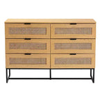 Sawyer Wood and Metal 6 Drawer Storage Cabinet with Natural Rattan Oak Brown/Black - Baxton Studio: Mid-Century Credenza