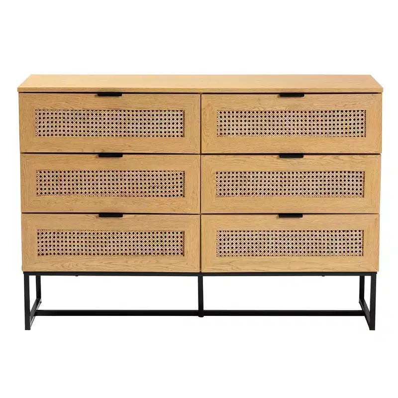Sawyer Wood and Metal 6 Drawer Storage Cabinet with Natural Rattan Oak Brown/Black - Baxton Studio: Mid-Century Credenza