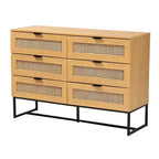Gabinete de almacenamiento de madera y metal con 6 cajones con ratán natural, roble marrón/negro - Aparador de mediados de siglo