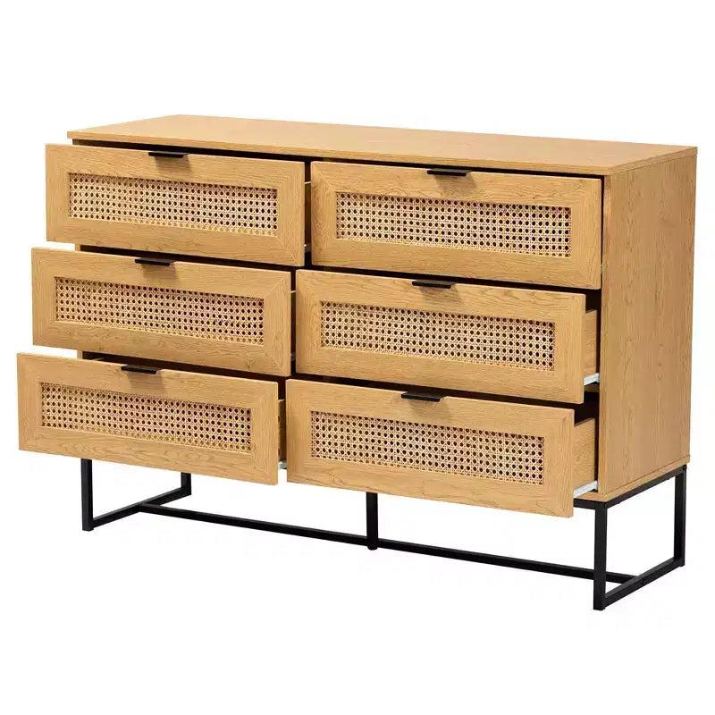 Gabinete de almacenamiento de madera y metal con 6 cajones con ratán natural, roble marrón/negro - Aparador de mediados de siglo