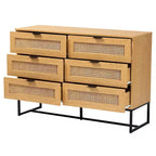 Gabinete de almacenamiento de madera y metal con 6 cajones con ratán natural, roble marrón/negro - Aparador de mediados de siglo