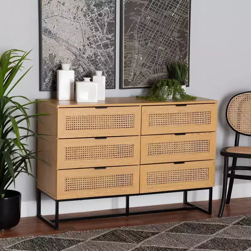 Gabinete de almacenamiento de madera y metal con 6 cajones con ratán natural, roble marrón/negro - Aparador de mediados de siglo