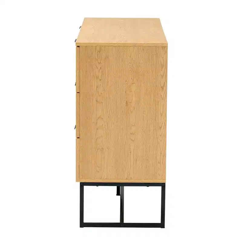 Gabinete de almacenamiento de madera y metal con 6 cajones con ratán natural, roble marrón/negro - Aparador de mediados de siglo