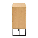 Gabinete de almacenamiento de madera y metal con 6 cajones con ratán natural, roble marrón/negro - Aparador de mediados de siglo