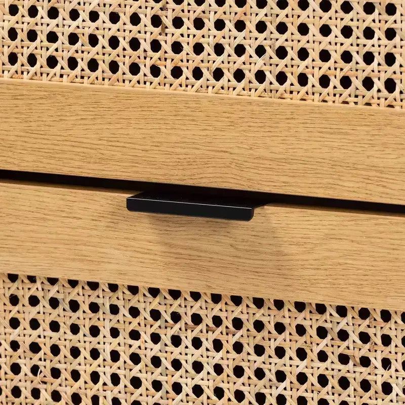 Gabinete de almacenamiento de madera y metal con 6 cajones con ratán natural, roble marrón/negro - Aparador de mediados de siglo