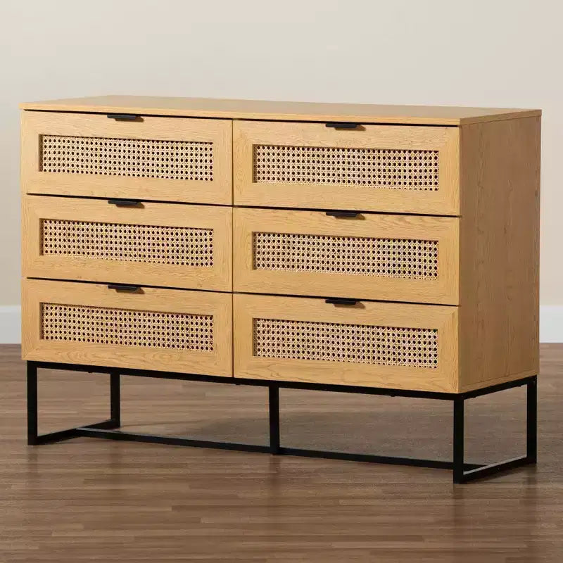 Gabinete de almacenamiento de madera y metal con 6 cajones con ratán natural, roble marrón/negro - Aparador de mediados de siglo