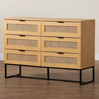 Gabinete de almacenamiento de madera y metal con 6 cajones con ratán natural, roble marrón/negro - Aparador de mediados de siglo