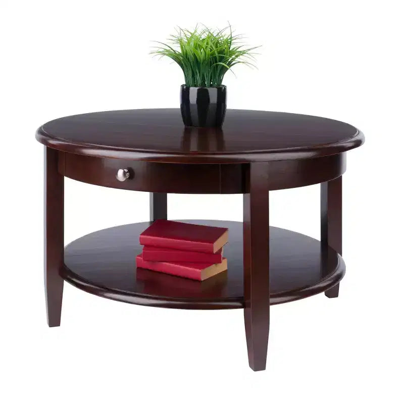 Mesa de Centro Redonda Concord con Cajón y Estante - Nogal Antiguo - Winsome