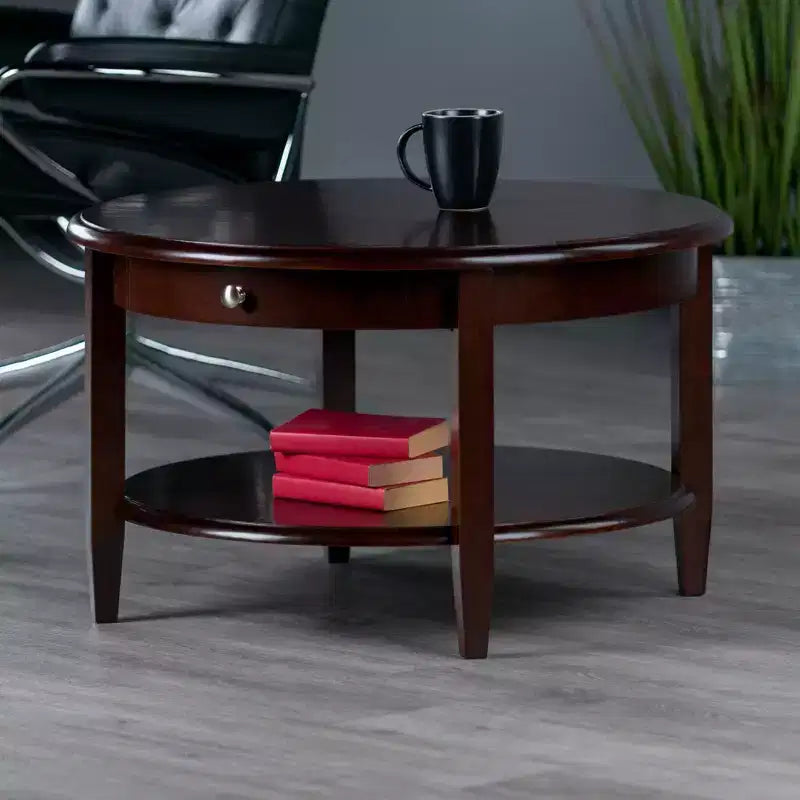 Mesa de Centro Redonda Concord con Cajón y Estante - Nogal Antiguo - Winsome
