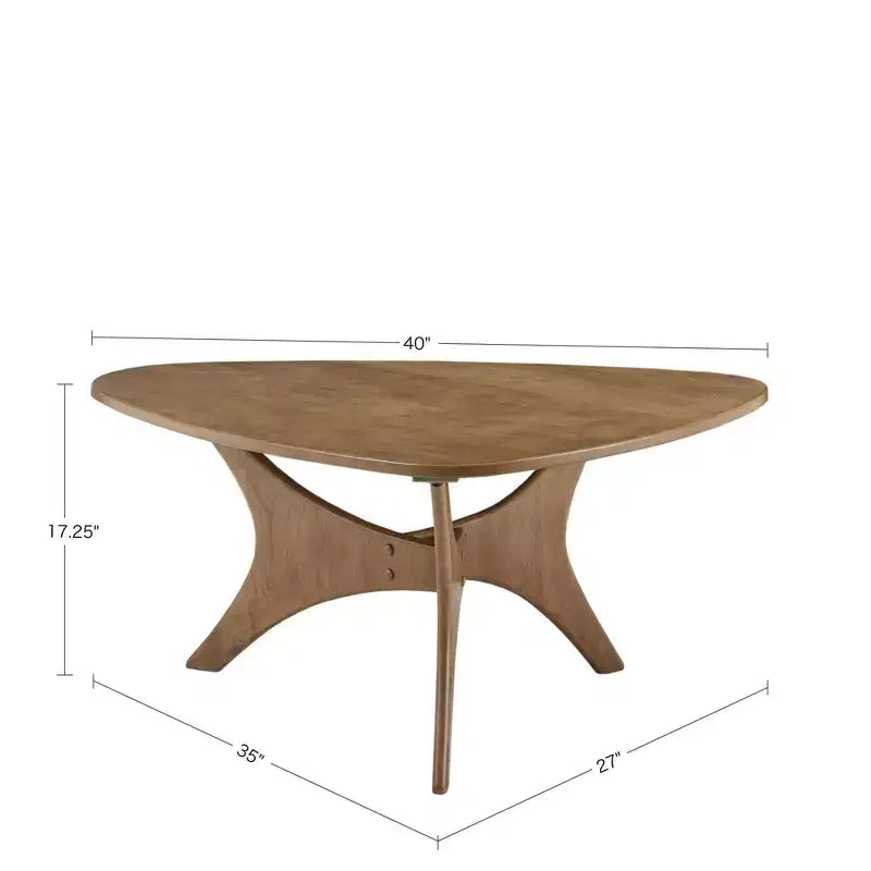 Mesa de centro Blaze Triangular de madera, color café claro: Moderna de mediados de siglo, acabado de olmo, base cruzada única