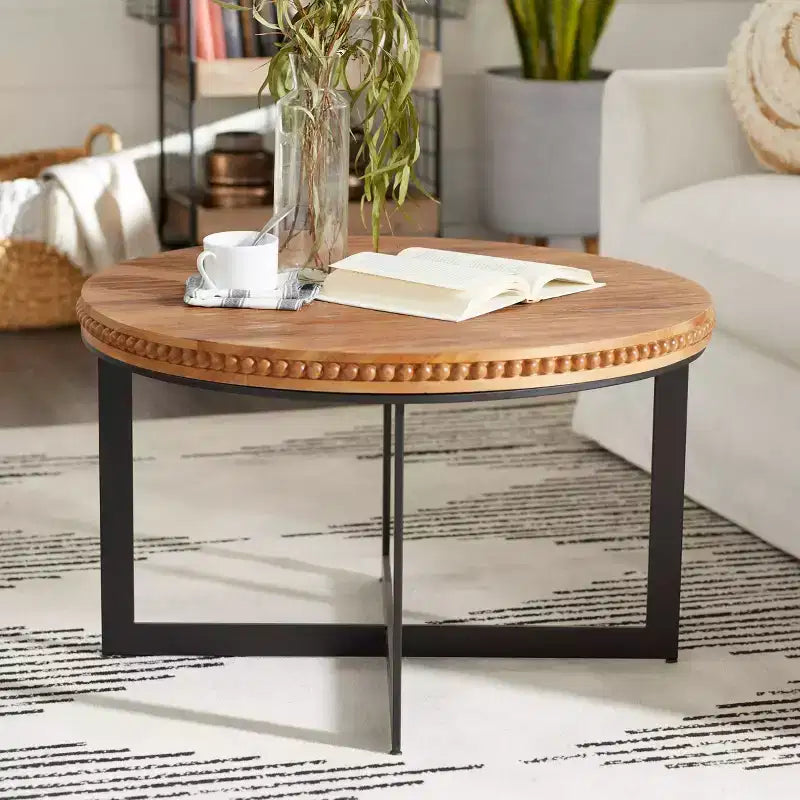Mesa de centro industrial de madera y metal, marrón - Olivia & May: no requiere ensamblaje, patas de hierro resistentes