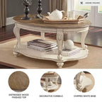 Mesa de centro Realyn blanca/marrón - Signature Design by Ashley: Estilo campestre, acabado de madera envejecida, patas curvas