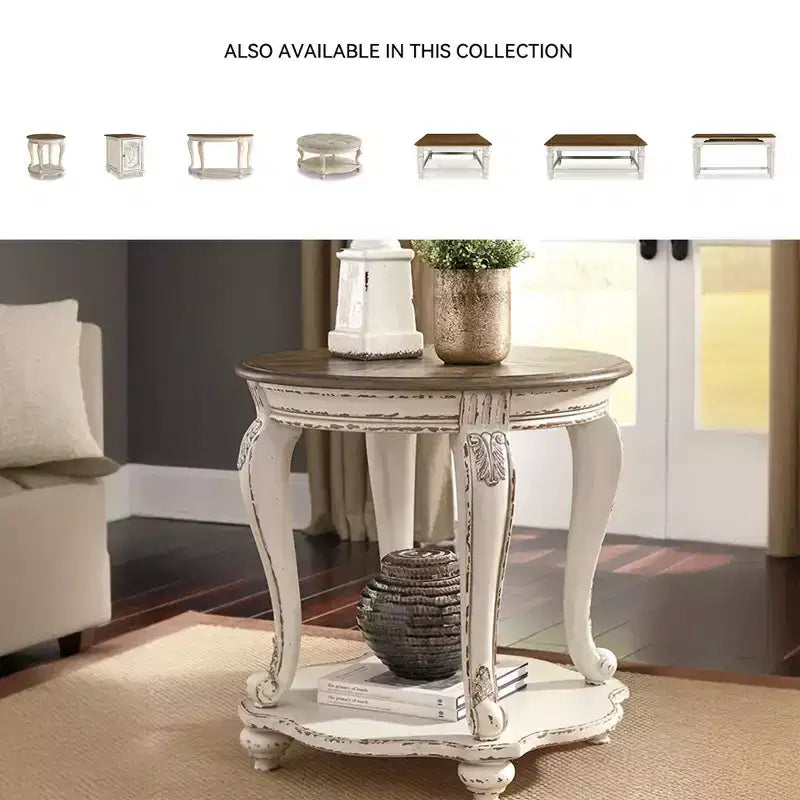 Mesa de centro Realyn blanca/marrón - Signature Design by Ashley: Estilo campestre, acabado de madera envejecida, patas curvas