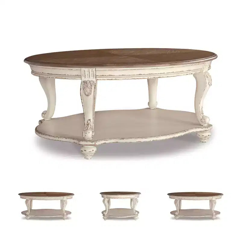 Mesa de centro Realyn blanca/marrón - Signature Design by Ashley: Estilo campestre, acabado de madera envejecida, patas curvas