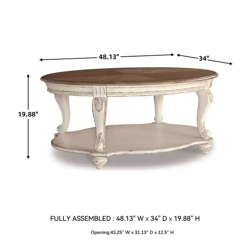 Mesa de centro Realyn blanca/marrón - Signature Design by Ashley: Estilo campestre, acabado de madera envejecida, patas curvas