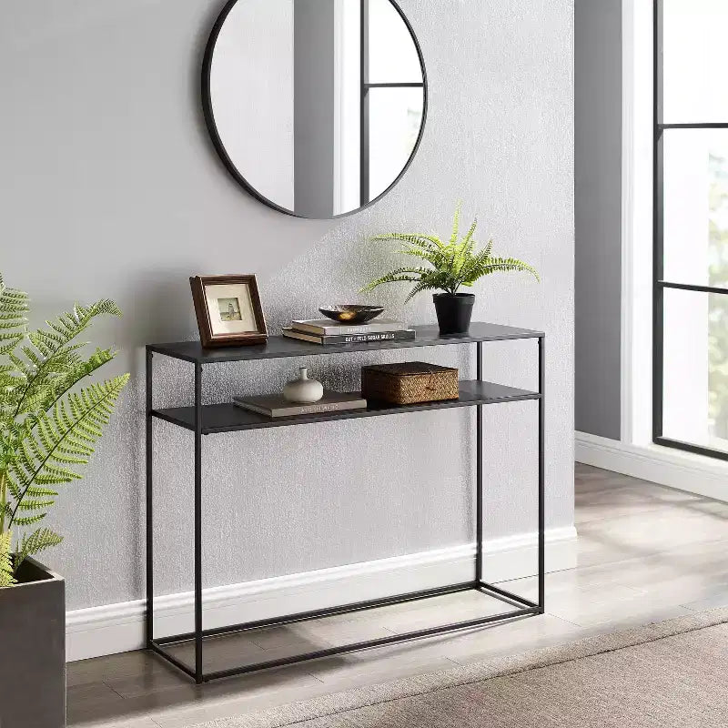 Braxton Console Table Matte Black - Crosley: Slim Steel Sofa Table, Industrial Modern Style, Open Shelf