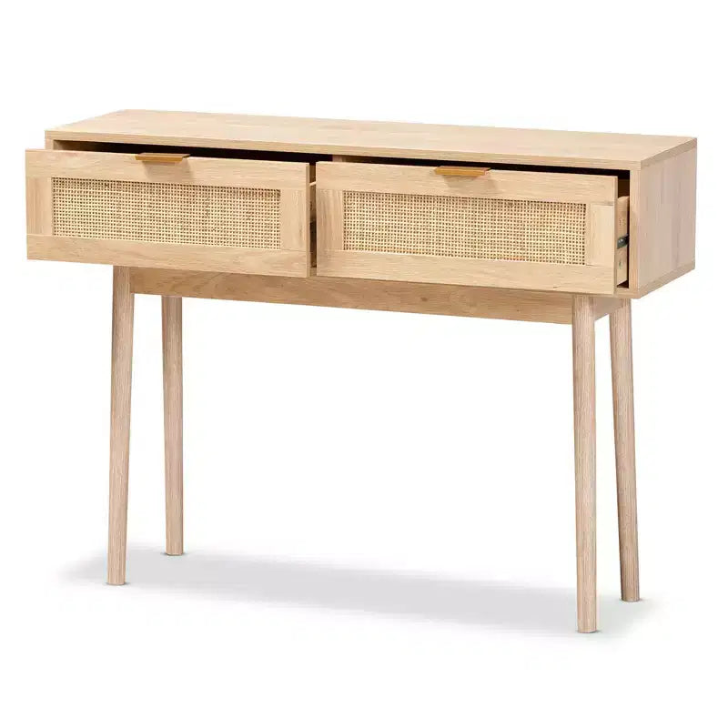 Mesa consola Baird de madera y ratán con 2 cajones, marrón - Baxton Studio: tiradores en tono dorado, estilo bohemio