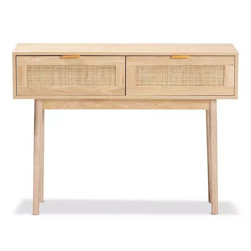 Mesa consola Baird de madera y ratán con 2 cajones, marrón - Baxton Studio: tiradores en tono dorado, estilo bohemio
