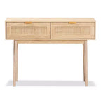 Mesa consola Baird de madera y ratán con 2 cajones, marrón - Baxton Studio: tiradores en tono dorado, estilo bohemio