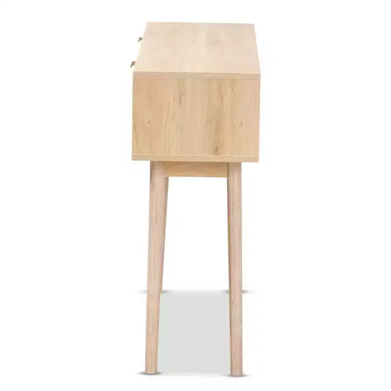 Mesa consola Baird de madera y ratán con 2 cajones, marrón - Baxton Studio: tiradores en tono dorado, estilo bohemio