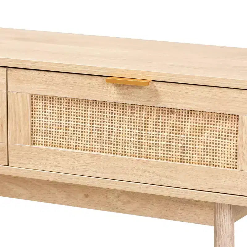 Mesa consola Baird de madera y ratán con 2 cajones, marrón - Baxton Studio: tiradores en tono dorado, estilo bohemio