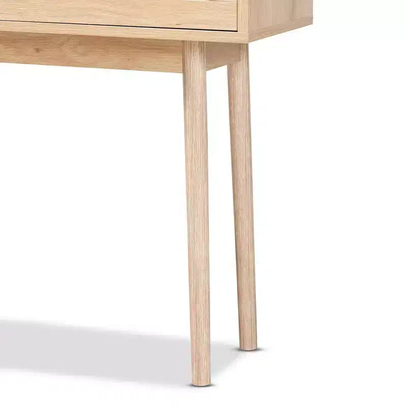 Mesa consola Baird de madera y ratán con 2 cajones, marrón - Baxton Studio: tiradores en tono dorado, estilo bohemio