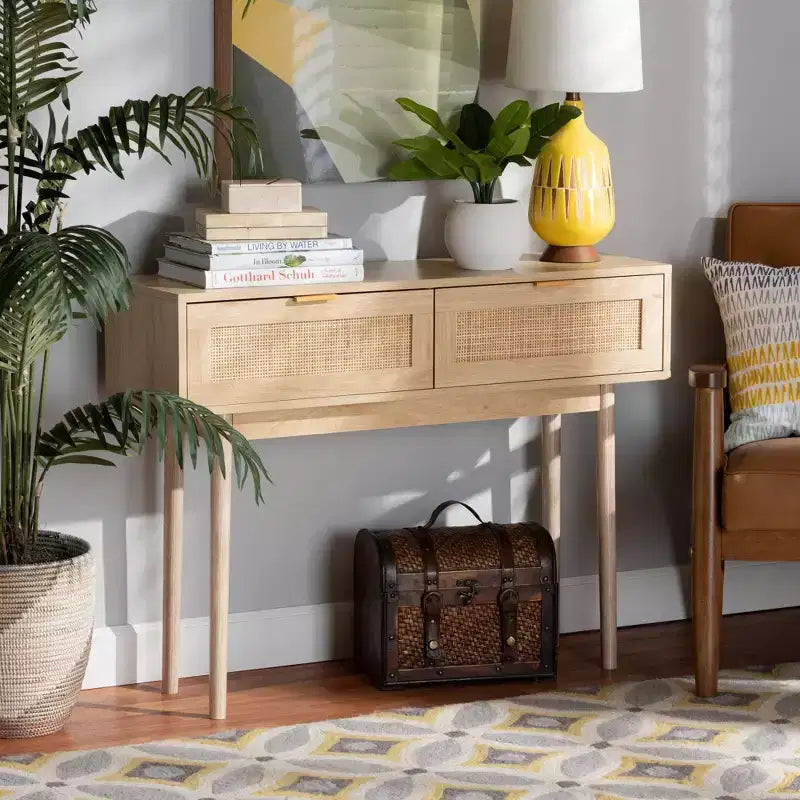 Mesa consola Baird de madera y ratán con 2 cajones, marrón - Baxton Studio: tiradores en tono dorado, estilo bohemio
