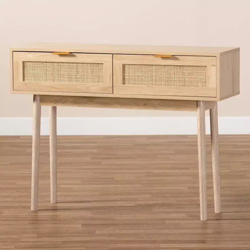 Mesa consola Baird de madera y ratán con 2 cajones, marrón - Baxton Studio: tiradores en tono dorado, estilo bohemio
