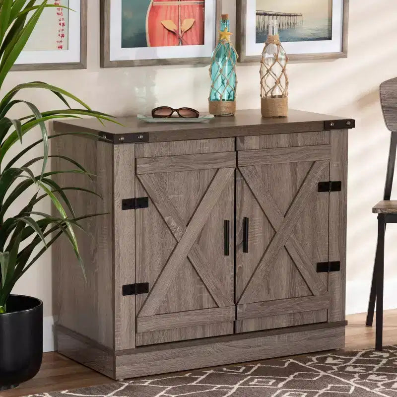 Zapatero de madera Wayne Farmhouse con 2 puertas, roble marrón - Baxton Studio: Organizador de entrada, capacidad para 9 pares