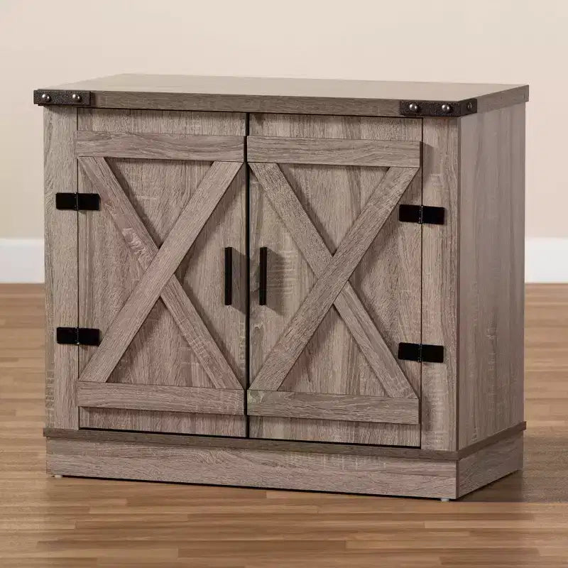 Zapatero de madera Wayne Farmhouse con 2 puertas, roble marrón - Baxton Studio: Organizador de entrada, capacidad para 9 pares