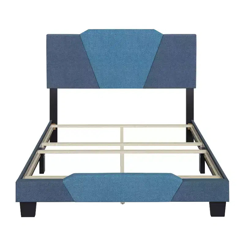 Cama de plataforma tapizada de lino azul Sydney completa - Eco Dream: Cabecero con forma de diamante, soporte de listones transversales cuádruples