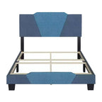 Cama de plataforma tapizada de lino azul Sydney completa - Eco Dream: Cabecero con forma de diamante, soporte de listones transversales cuádruples