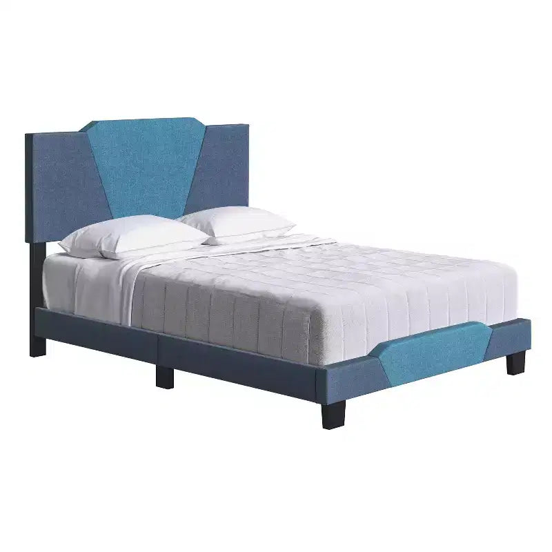Cama de plataforma tapizada de lino azul Sydney completa - Eco Dream: Cabecero con forma de diamante, soporte de listones transversales cuádruples