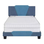Cama de plataforma tapizada de lino azul Sydney completa - Eco Dream: Cabecero con forma de diamante, soporte de listones transversales cuádruples