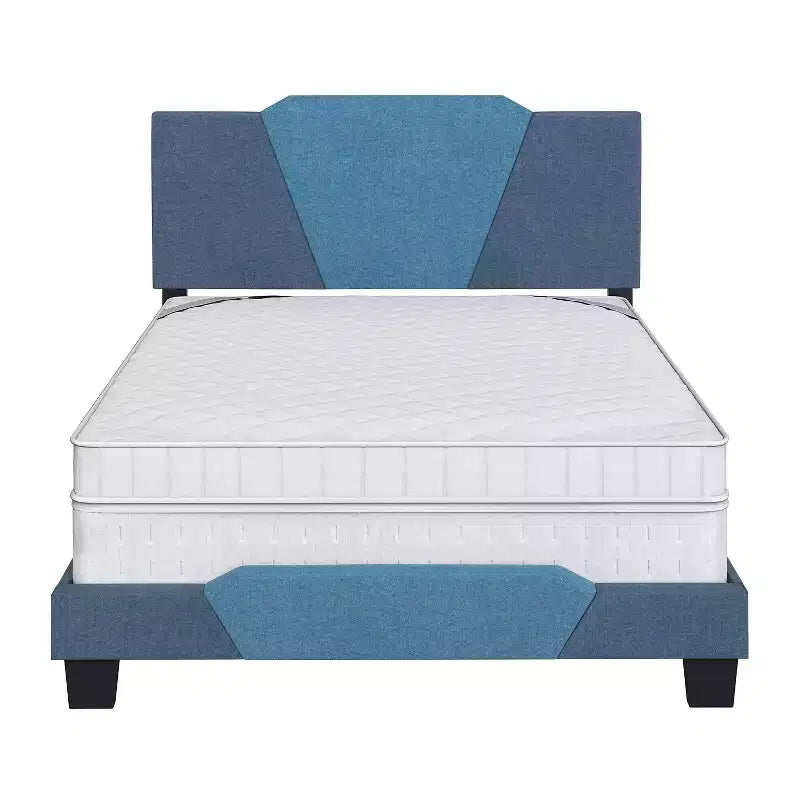 Cama de plataforma tapizada de lino azul Sydney completa - Eco Dream: Cabecero con forma de diamante, soporte de listones transversales cuádruples