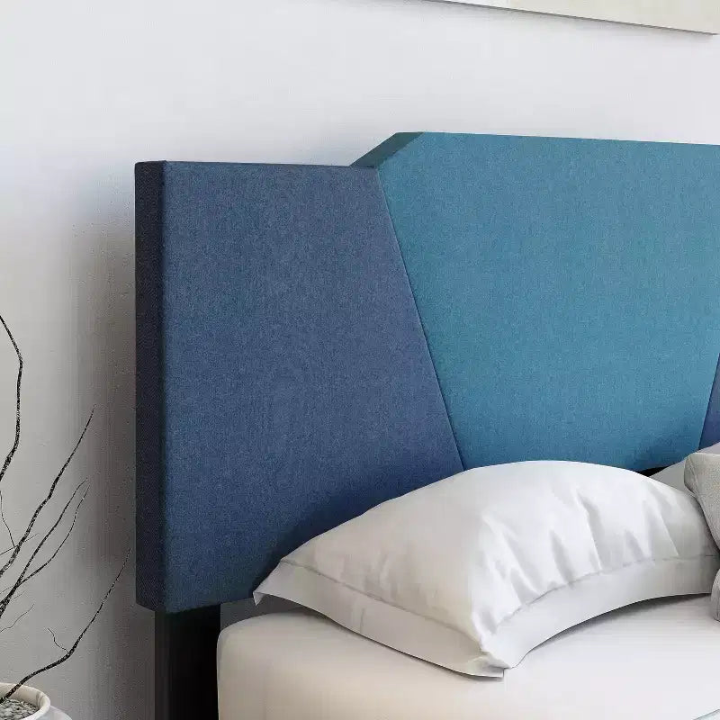 Cama de plataforma tapizada de lino azul Sydney completa - Eco Dream: Cabecero con forma de diamante, soporte de listones transversales cuádruples